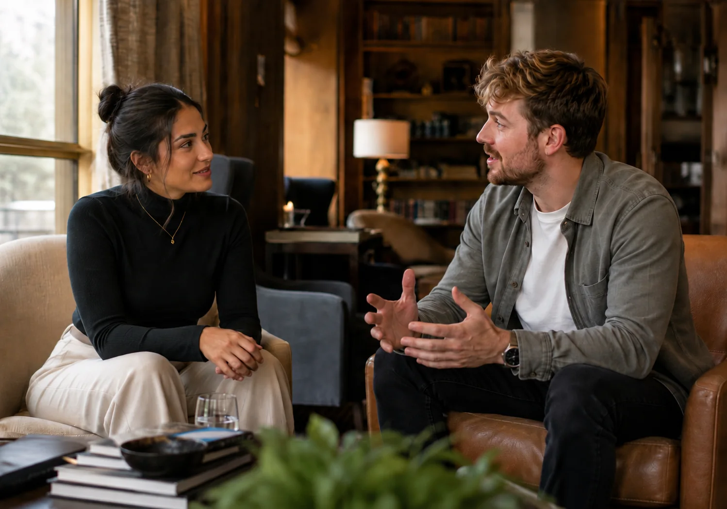 A search partner and a candidate in an unhurried one-to-one conversation, seated in a warm, book-lined lounge